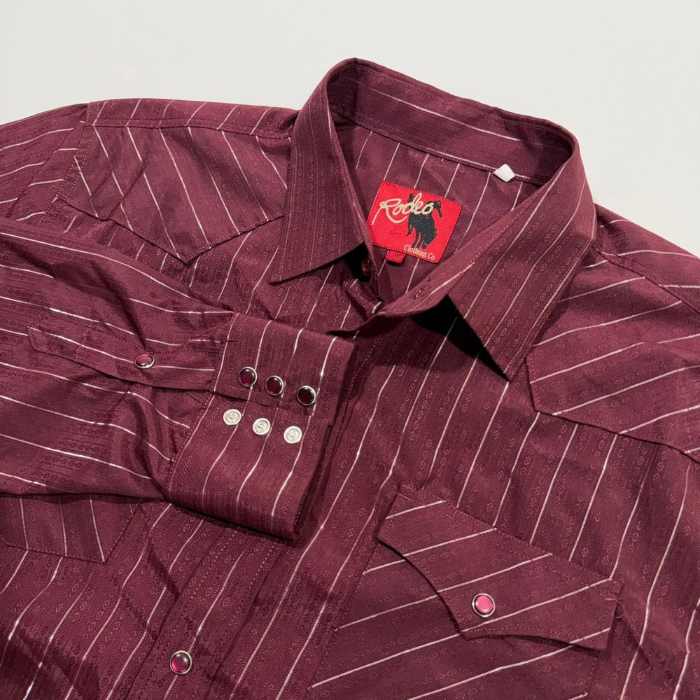 Rodeo Clothing Co Western Shirt Men's XL Maroon Metallic Pinstripe Pearl Snap